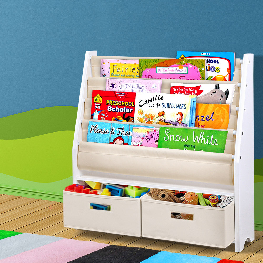 Keezi 4 Tiers Kids Bookshelf Magazine Rack Children Bookcase Organiser Drawer
