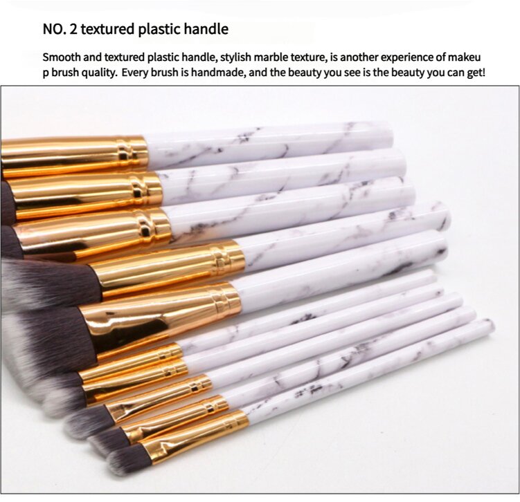 (Bag + Brush) White Marble Makeup Brush Collection - 10 brushes for face, eyes and lips