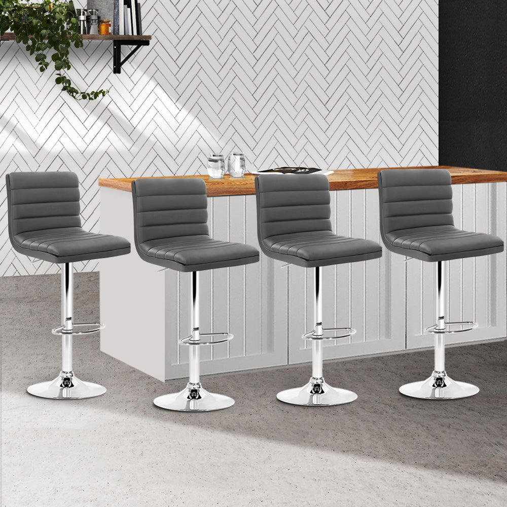 Artiss Set of 4 PU Leather Lined Pattern Bar Stools- Grey and Chrome