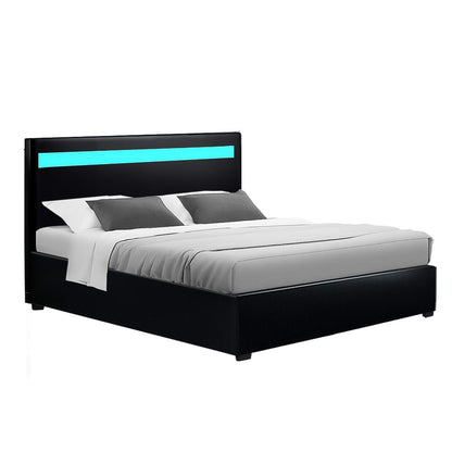 Artiss Bed Frame Double Size LED Gas Lift Black COLE