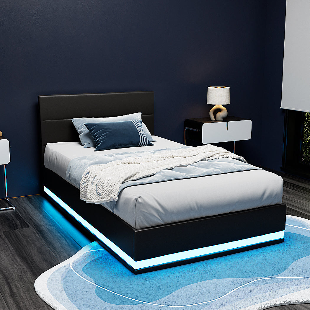 Artiss Bed Frame King Single Size LED Gas Lift Black LUMI