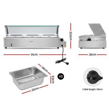 Devanti Commercial Food Warmer Bain Marie 3 Electric Buffet Pans