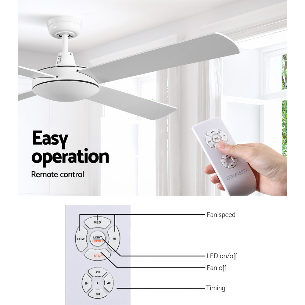 Devanti 52'' Ceiling Fan AC Motor 4 Blades w/Remote - White