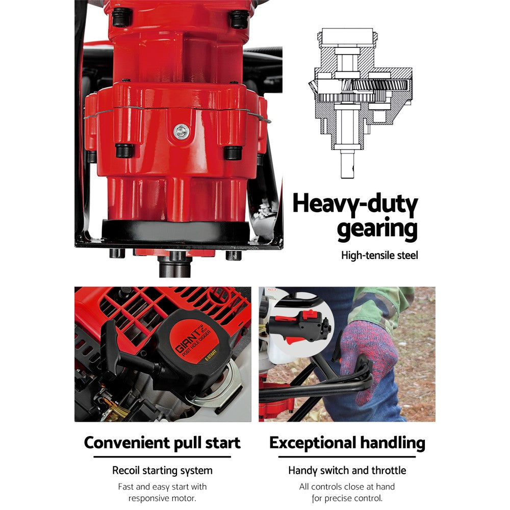 Giantz 92CC Post Hole Digger 200mm Petrol Drill Extension Bits Auger