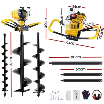 Giantz 74CC Post Hole Digger Petrol Motor Drill Extension Auger Bits Kits