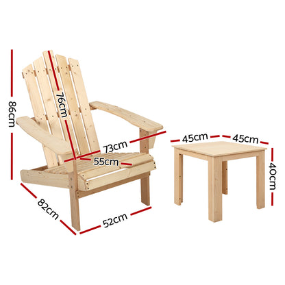 Gardeon 3PC Adirondack Outdoor Table and Chairs Wooden Beach Chair Natural