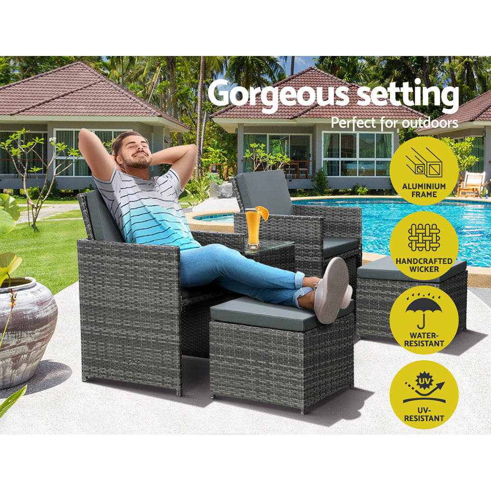 Gardeon 5PC Bistro Set Wicker Table and Chairs Ottoman Outdoor Furniture Grey