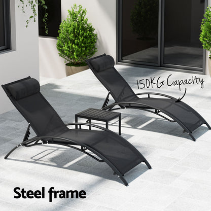 Gardeon 3PC Sun Lounge Outdoor Lounger Steel Table Chairs Patio Furniture Garden