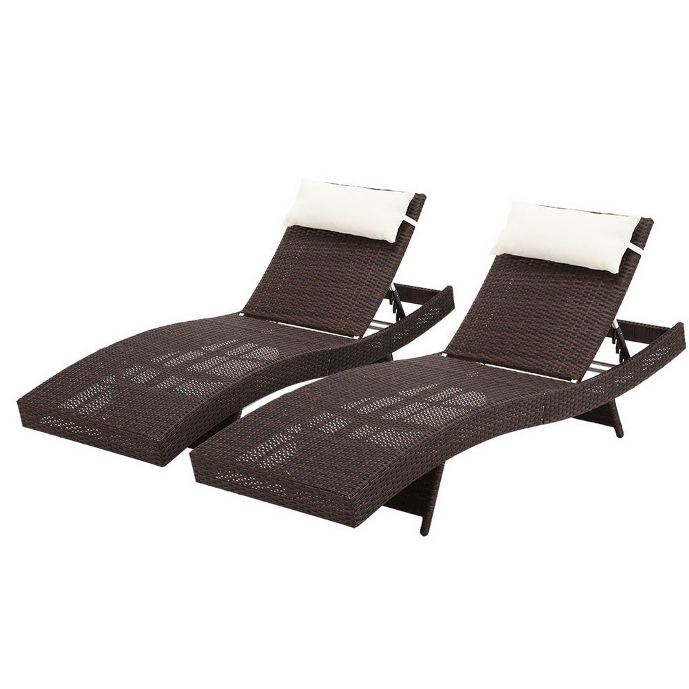 Gardeon 2PC Sun Lounge Wicker Lounger Outdoor Furniture Beach Chair Garden Adjustable Brown