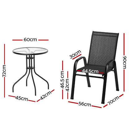 Gardeon 3PC Outdoor Bistro Set Table and Chairs Stackable Patio Furniture Black