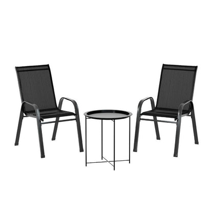 Gardeon 3PC Outdoor Bistro Set Patio Furniture Table and Chairs Stackable Black