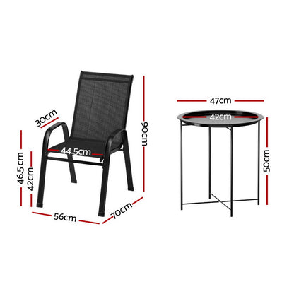 Gardeon 3PC Outdoor Bistro Set Patio Furniture Table and Chairs Stackable Black