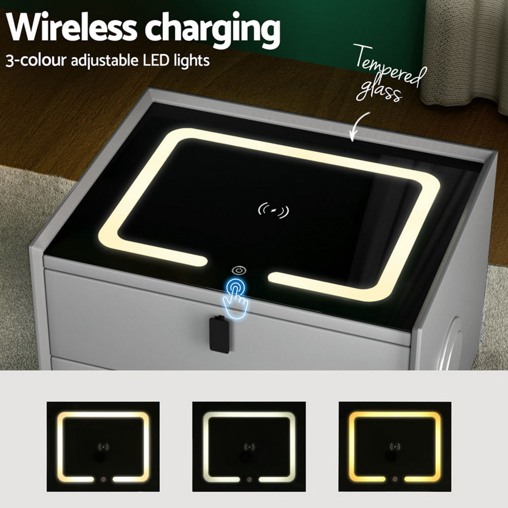 Artiss Smart Bedside Table with Wireless Charging - AIKA Grey