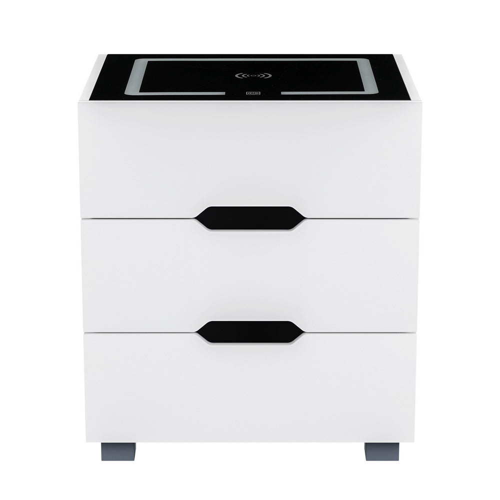 Artiss Smart Bedside Table 3 Drawers with Wireless Charging Ports LED White ADAD