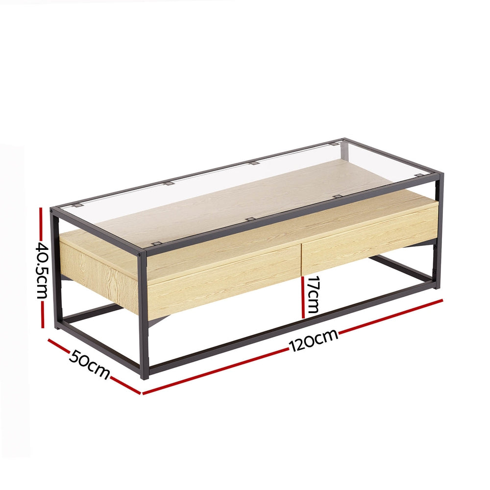 Artiss Coffee Table 2 Drawers Glass Tabletop Pine