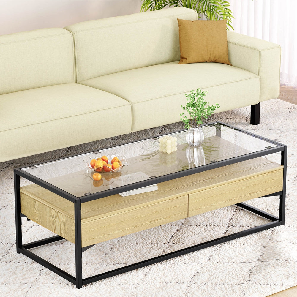 Artiss Coffee Table 2 Drawers Glass Tabletop Pine