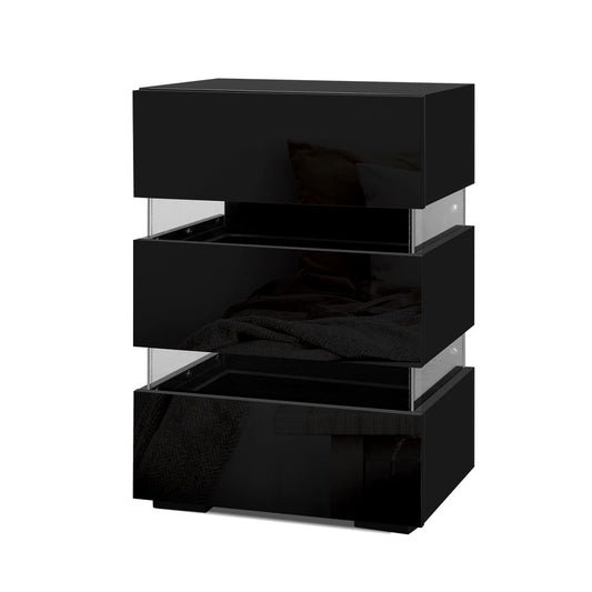 Artiss Bedside Table LED 3 Drawers - LUMI Black