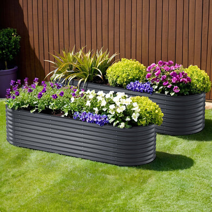 x2 Green Fingers Raised Garden Bed Kit Planter Oval Galvanised Steel 240cmX80cmX56cm