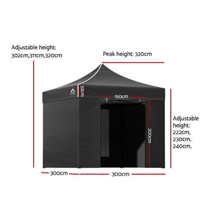 Instahut Gazebo Pop Up Marquee 3x3m Folding Tent Wedding Gazebos 500D Black