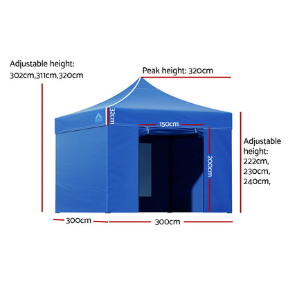 Instahut Gazebo Pop Up Marquee 3x3 Folding Tent Wedding Gazebos 500D Oxford Blue