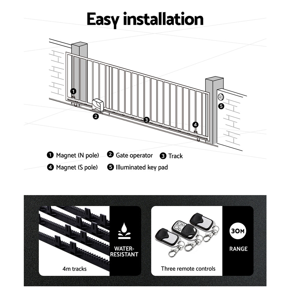 Lockmaster Automatic Sliding Gate Opener Kit 20W Solar Electric 4M 600KG