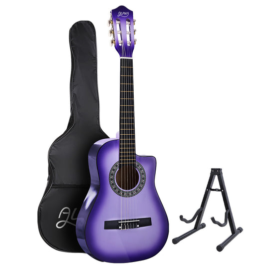 Alpha 34 Inch Classical Guitar Wooden Body Nylon String w/ Stand Beignner Purple