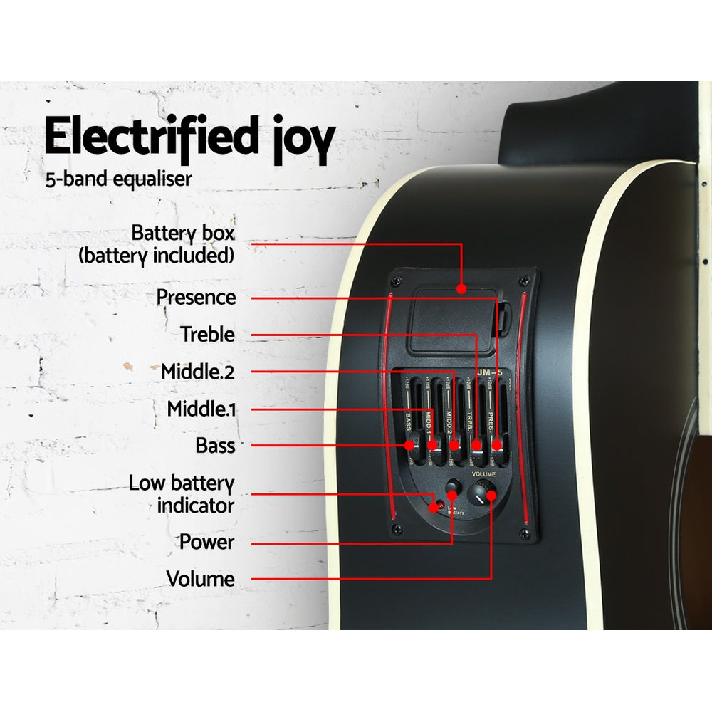 Alpha 41 Inch Acoustic Guitar Equaliser Electric Output Cutaway w/ Stand Black