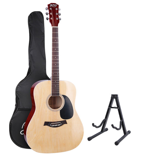 Alpha 41 Inch Acoustic Guitar Wooden Body Steel String Dreadnought Stand Wood