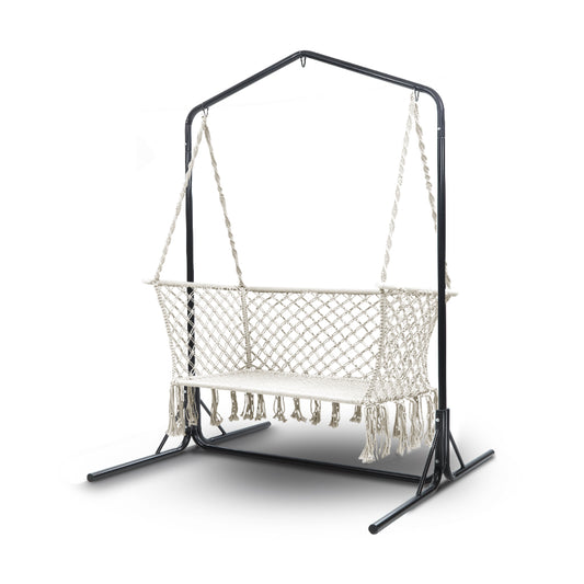 Gardeon Hammock Chair with Stand Macrame Outdoor Garden 2 Seater Cream