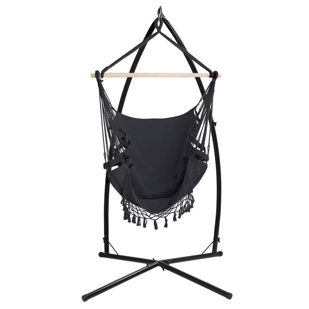 Gardeon Hammock Chair with Steel Stand Hanging Outdoor Tassel Grey