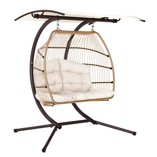 Gardeon Outdoor Egg Swing Chair Wicker Furniture Pod Stand Canopy 2 Seater Latte