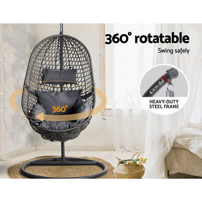 Gardeon Outdoor Egg Swing Chair Wicker Rattan Furniture Pod Stand Cushion Black