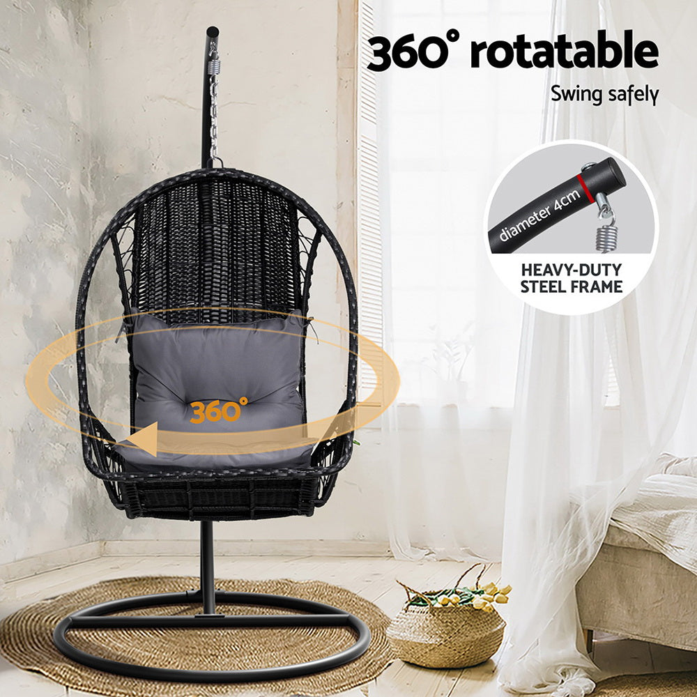 Gardeon Outdoor Egg Swing Chair Wicker Furniture Pod Stand Armrest Black