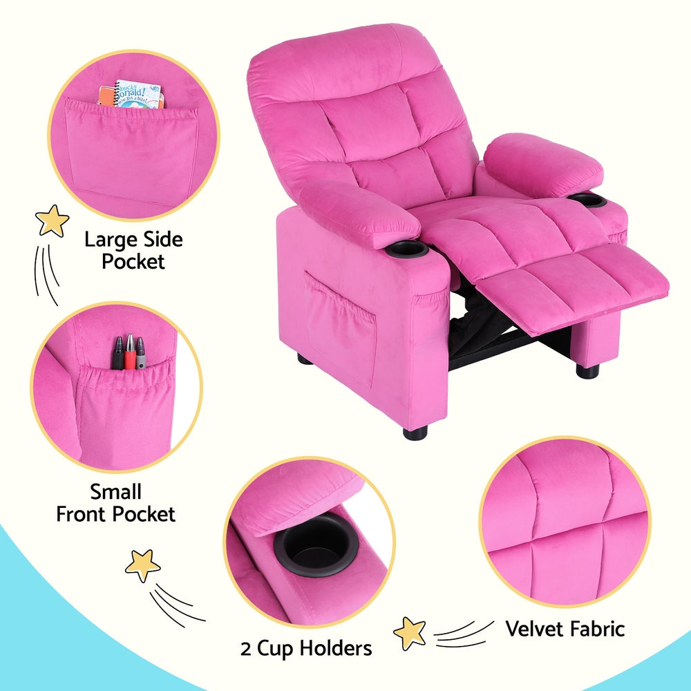 Keezi Kids Recliner Chair Pink Velvet Sofa Lounge Couch Children Charis Armchair