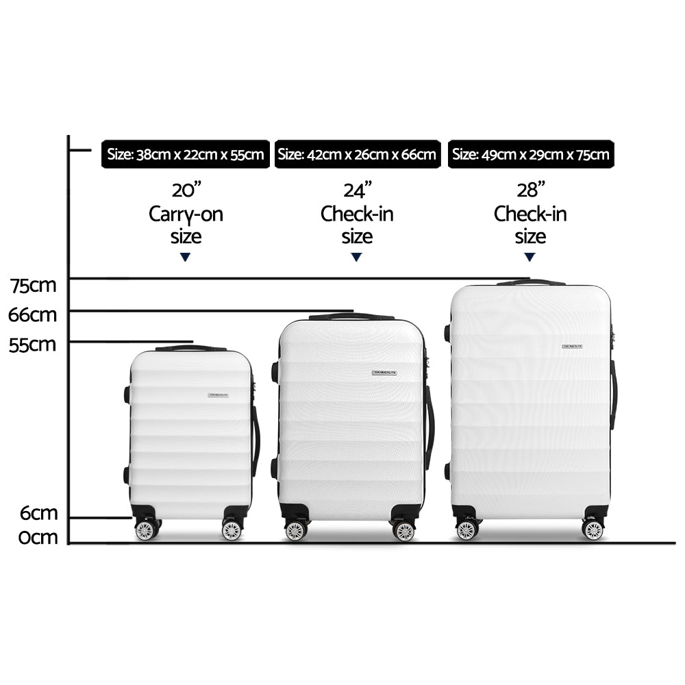 Wanderlite 3pcs Luggage Trolley Travel Suitcase Set TSA Hard Shell Case Strap White