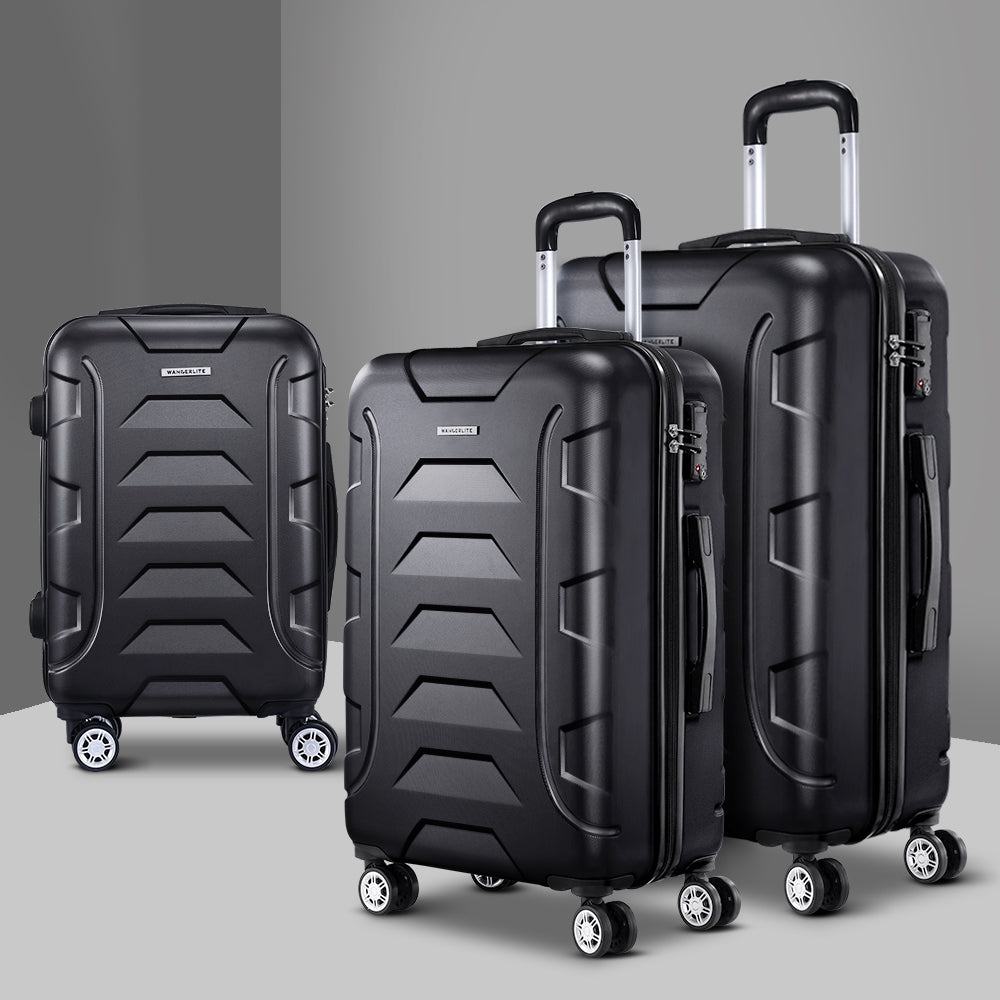 Wanderlite 3pc Luggage Trolley Travel Suitcase Set TSA Hard Case Lightweight Black