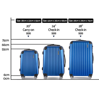 Wanderlite Luggage Set 3pc 20" 24" 28" Suitcase Hardcase Trolley Travel Blue