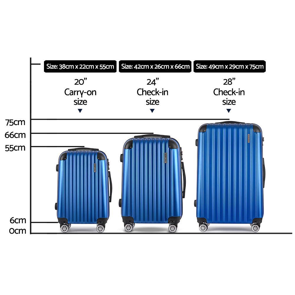 Wanderlite 3pcs LuggageTrolley Set Travel Suitcase Storage Organiser Carry On Hard Case TSA Lightweight Blue