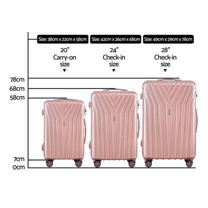 Wanderlite 3pc Luggage Trolley Set Suitcase Travel TSA Hard Case Carry On Pink Lightweight