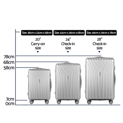 Wanderlite 3pc Luggage Trolley Set Suitcase Travel TSA Hard Case Carry On Silver Lightweight