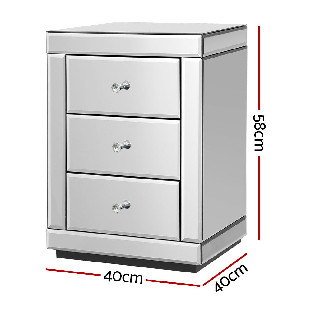 Artiss Set of 2 Bedside Table 3 Drawers Mirrored Glass - PRESIA Silver