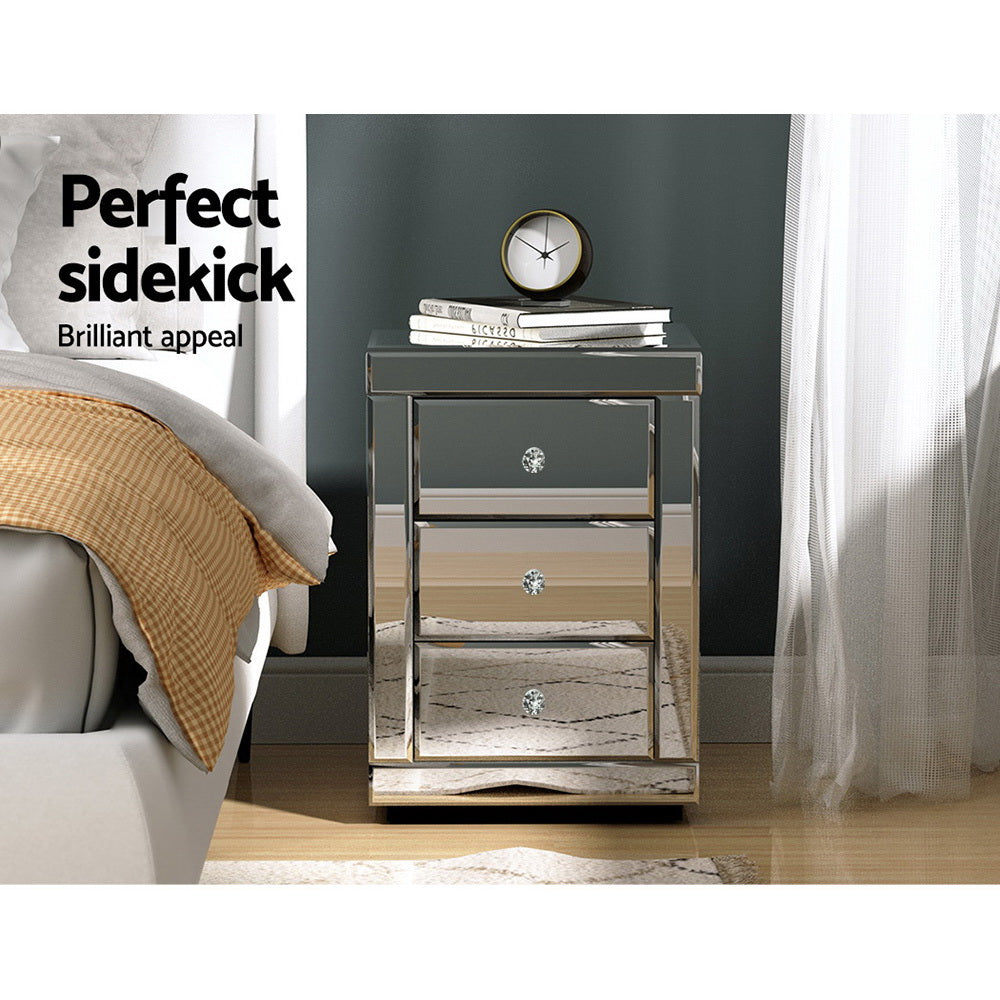 Artiss Set of 2 Bedside Table 3 Drawers Mirrored Glass - PRESIA Silver