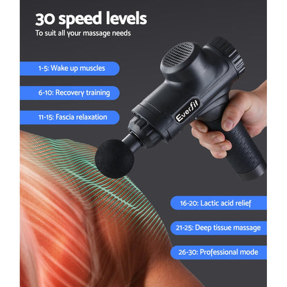 Everfit Massage Gun 30 Speed 6 Heads Vibration Muscle Massager Chargeable Black