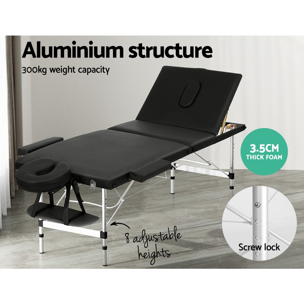 Zenses Massage Table 65cm Portable 3 Fold Aluminium Beauty Bed Black