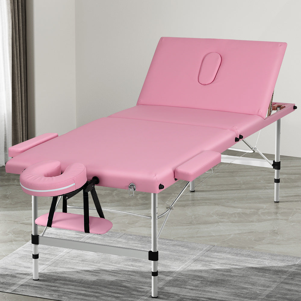 Zenses Massage Table 85cm Portable 3 Fold Aluminium Beauty Bed Pink