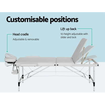 Zenses Massage Table 65cm Portable 3 Fold Aluminium Beauty Bed White