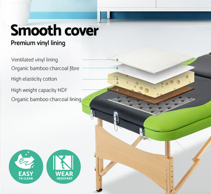 Zenses Massage Table 70cm Portable 3 Fold Wooden Beauty Bed Green