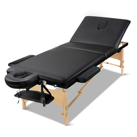 Zenses Massage Table 60cm Portable 3 Fold Wooden Beauty Bed Black