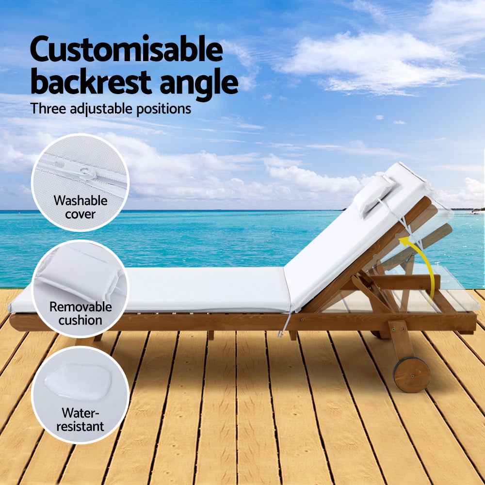 Gardeon 2x Sun Lounge Wooden Lounger Outdoor Furniture Day Bed Wheel Patio White