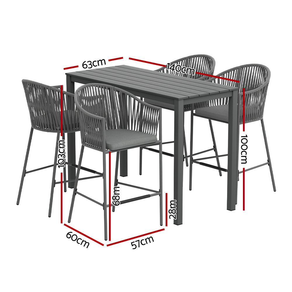 Gardeon 5-Piece Outdoor Bar Set Dining Table Rope Chair Patio Bistro Set